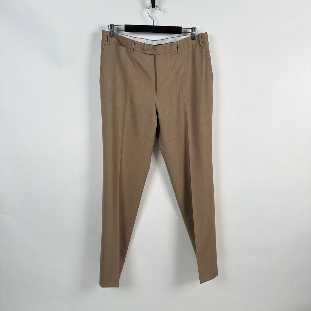 Canali Italy Dress Pants Mens 36x32 Tan Wool Flat Front Business Classic Trouser